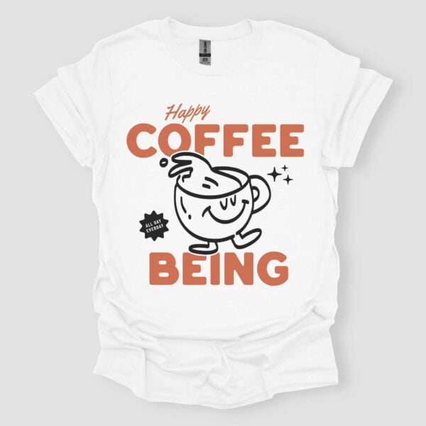 Happy Coffee Being Retro Mascot Unisex T Shirt White