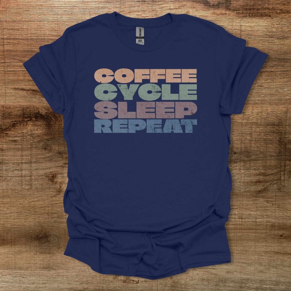 Coffee cycle sleep repeat distressed navy t shirt unisex