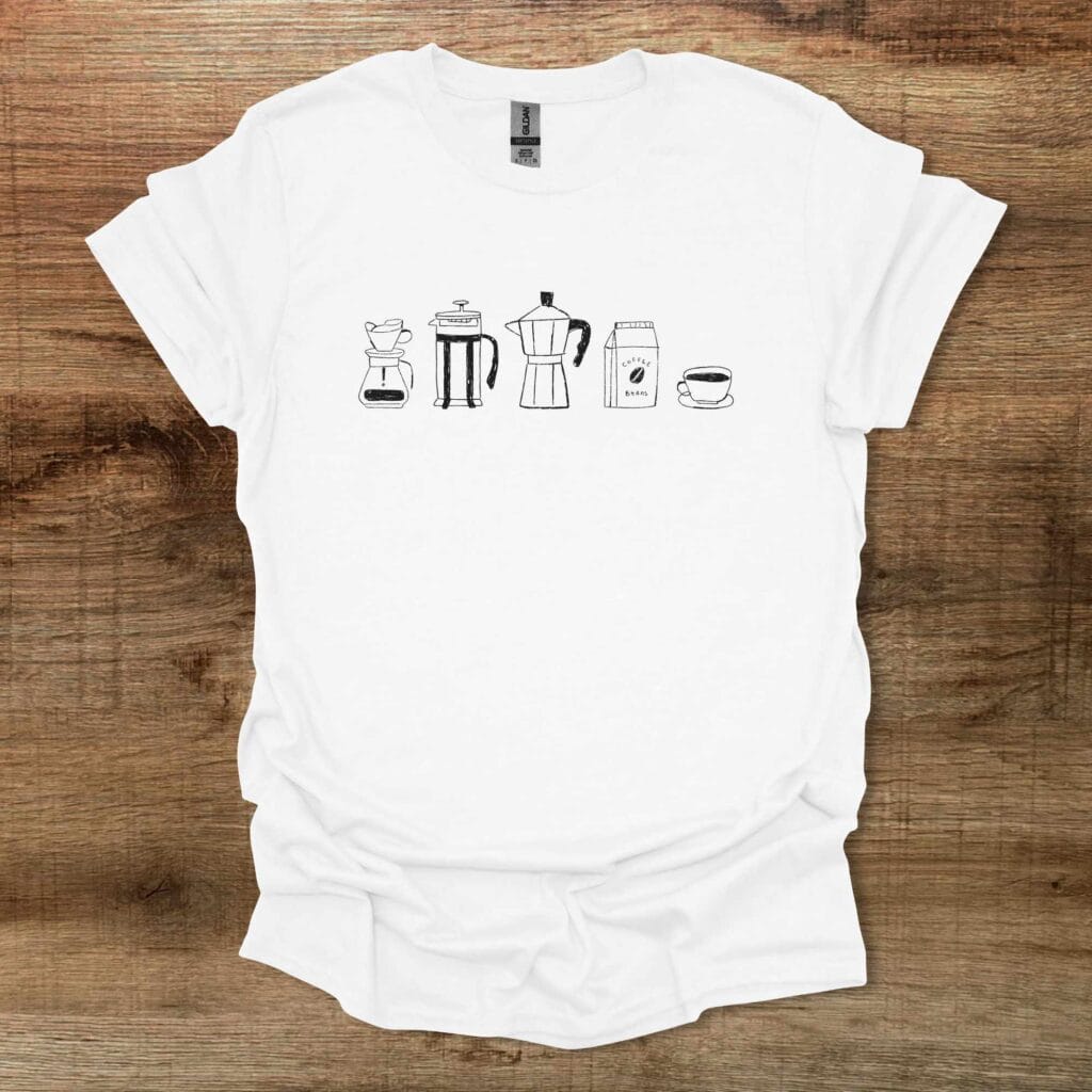Coffee Utensils Illustrated White T-Shirt Unisex Coffee utensils illustrated white t shirt unisex