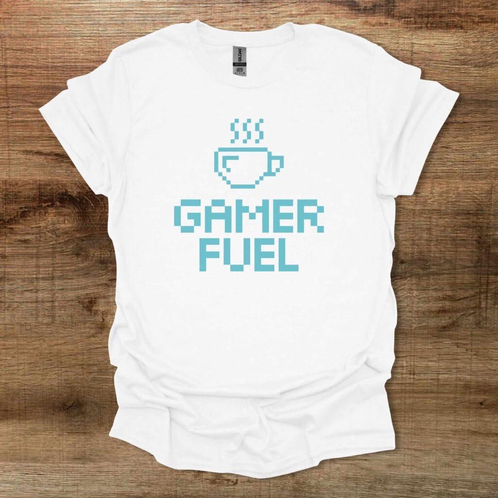 Gamer Fuel 80s 8-bit White T-Shirt Unisex Gamer fuel 80s 8 bit white t shirt unisex