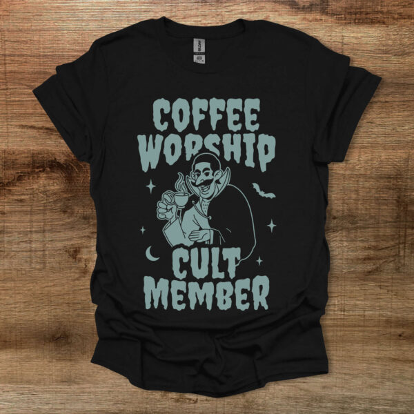 Coffee halloween worship cult member black t shirt unisex