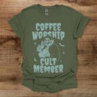 Coffee halloween worship cult member military green t shirt unisex