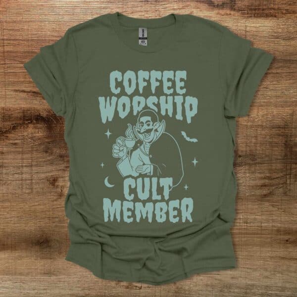 Coffee halloween worship cult member military green t shirt unisex