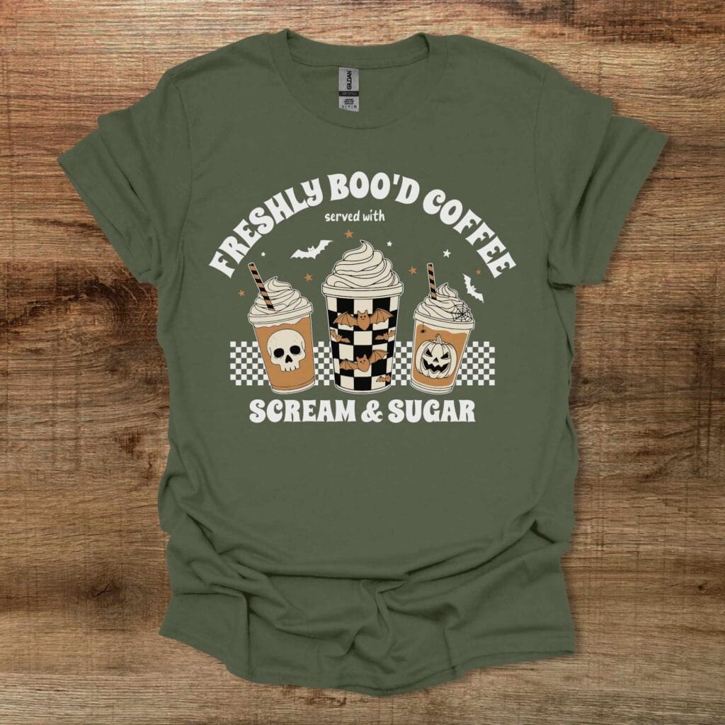 Freshly Boo'd Coffee Halloween Pumpkin Spice Military Green T-Shirt Unisex Freshly boo'd coffee halloween pumpkin spice military green t shirt unisex
