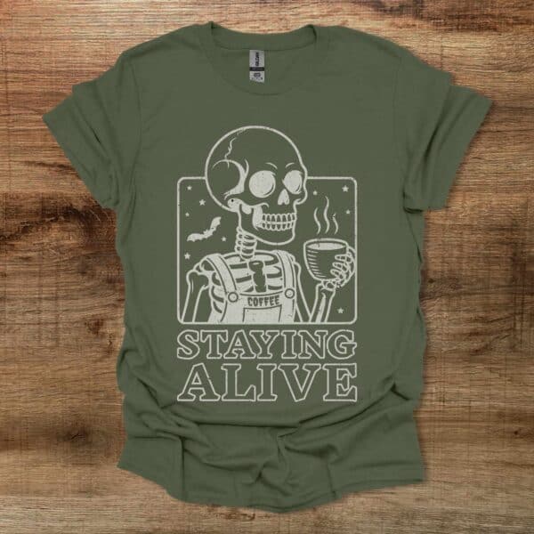 Staying alive spooky halloween military green t shirt unisex