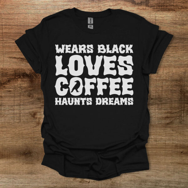 Wears black loves coffee halloween gothic crow black t shirt unisex