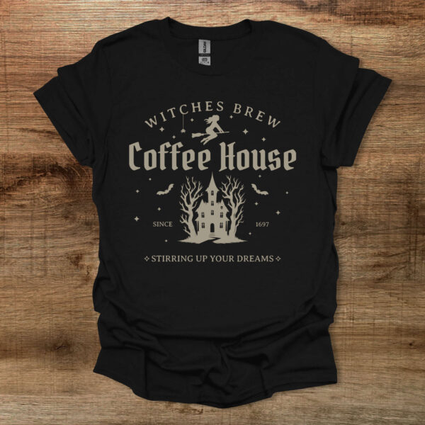 Witches brew coffee house spooky halloween black t shirt unisex