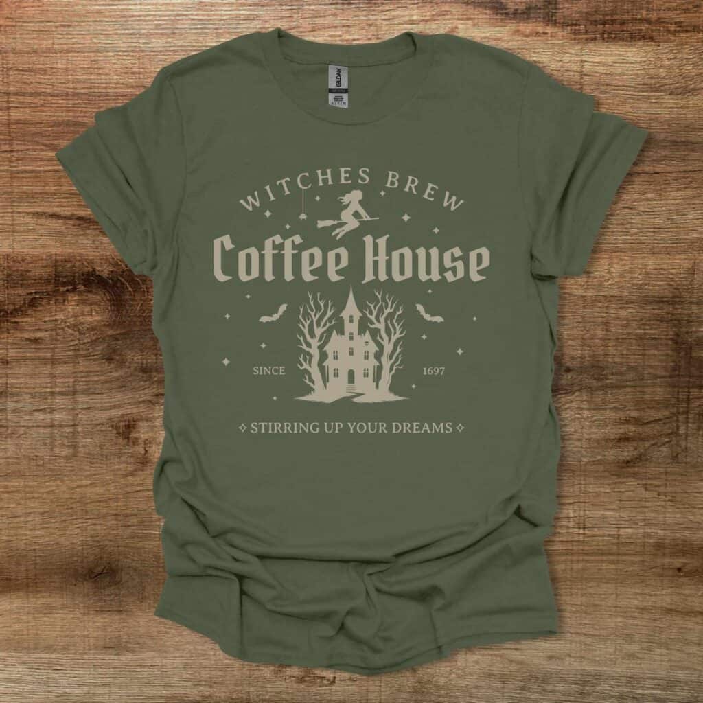 Witches Brew Coffee House Spooky Halloween Military Green T-Shirt Unisex Witches brew coffee house spooky halloween military green t shirt unisex