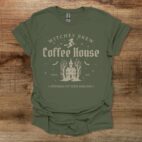Witches brew coffee house spooky halloween military green t shirt unisex