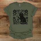 Boho Floral Coffee Cat Military Green T Shirt Unisex