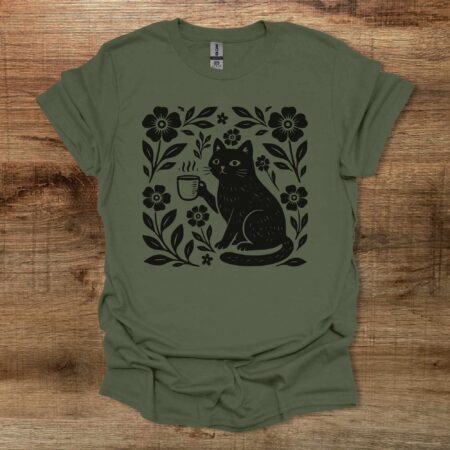 Boho Floral Coffee Cat Military Green T Shirt Unisex