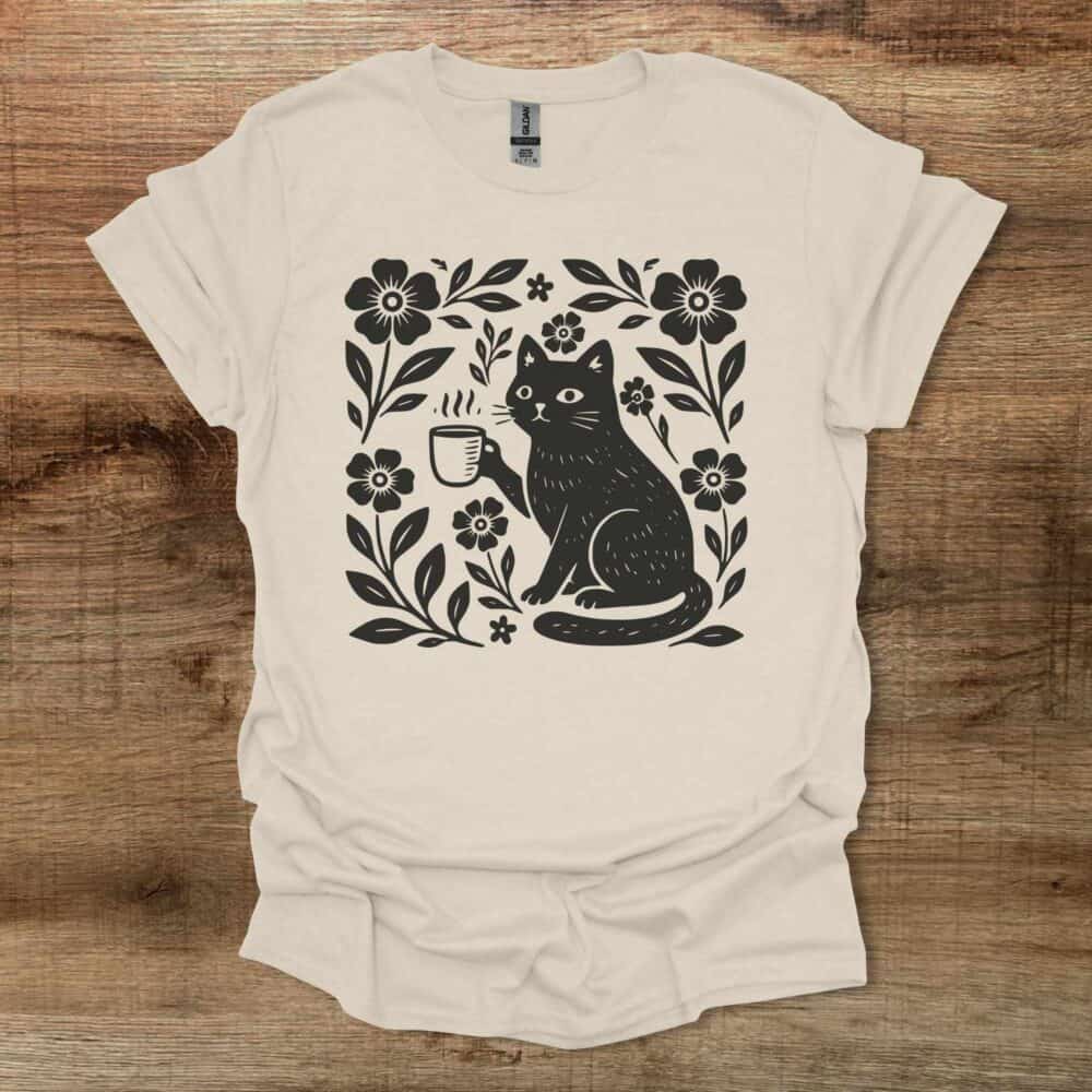 Boho Floral Coffee Cat Natural T-Shirt Unisex Boho Floral Coffee Cat Natural T Shirt Unisex