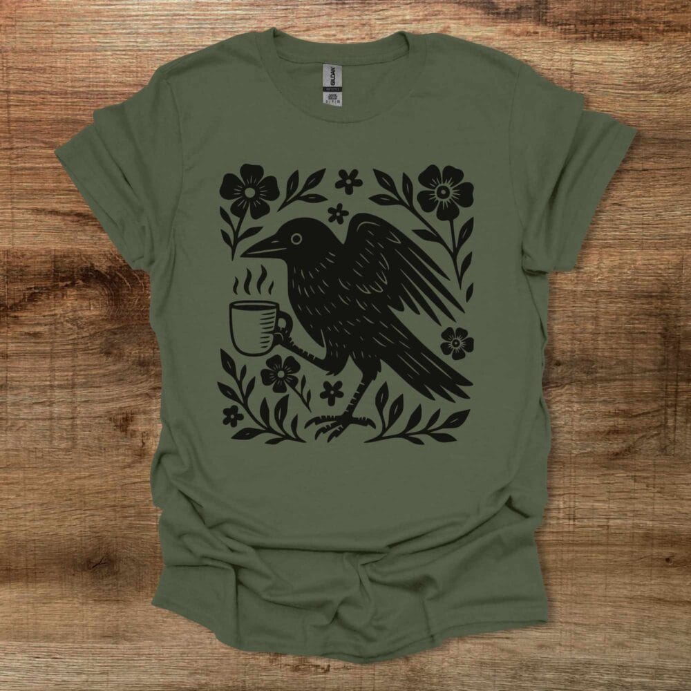 Boho Floral Coffee Crow Military Green T Shirt Unisex