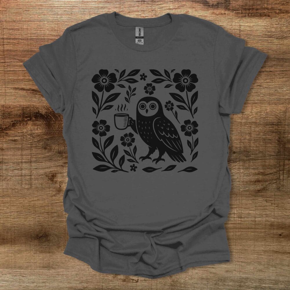 Boho Floral Coffee Owl Charocal T Shirt Unisex