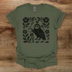 Boho Floral Coffee Owl Military Green T Shirt Unisex