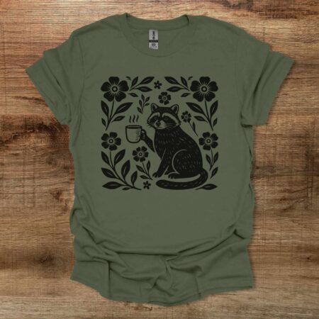 Boho Floral Coffee Raccoon Military Green T Shirt Unisex