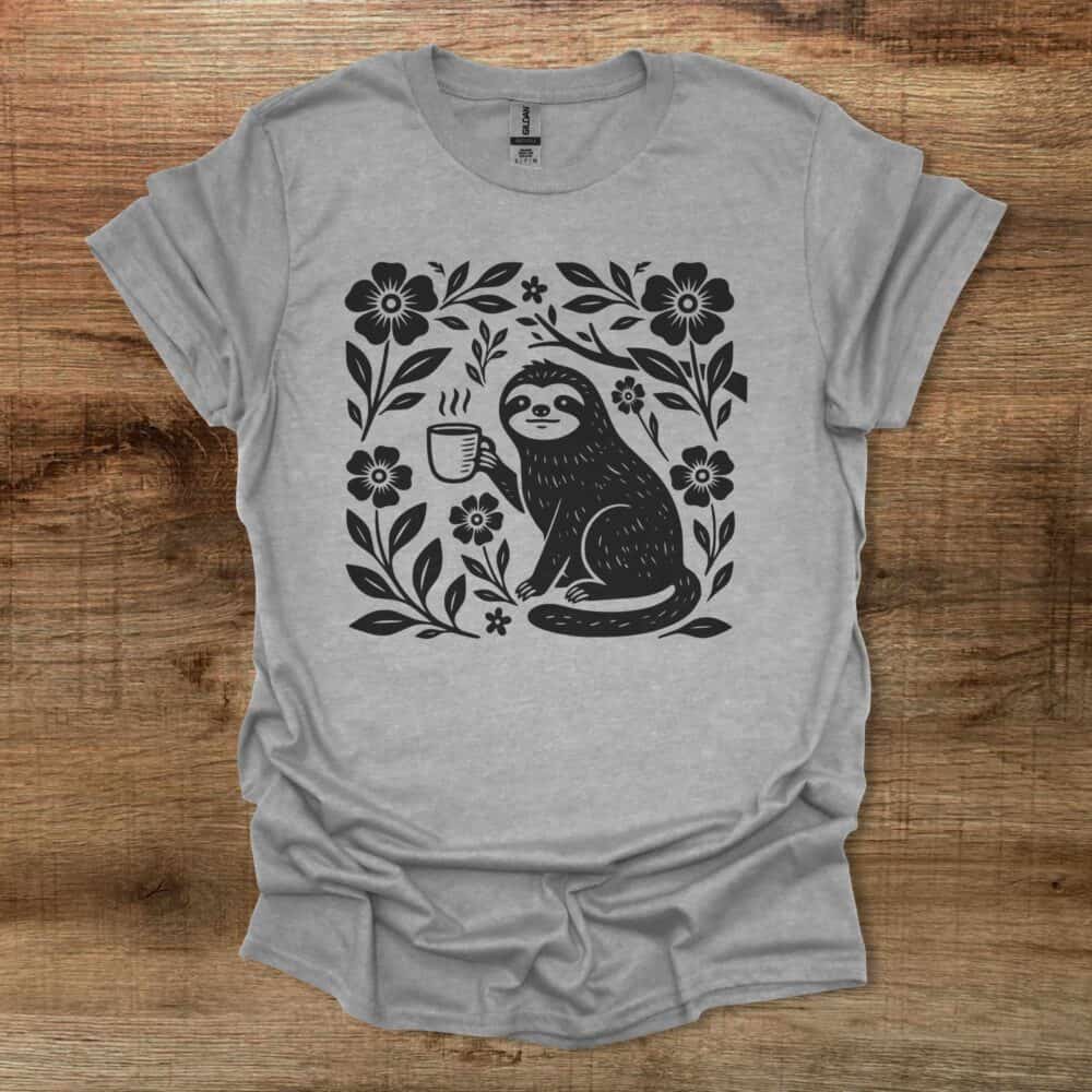Boho Floral Coffee Sloth Sport Grey T Shirt Unisex