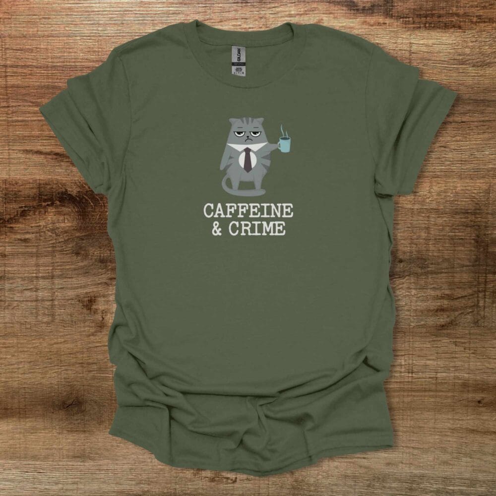 Caffeine & Crime Inspector Cat Military Green T-Shirt Unisex Caffeine & Crime Inspector Cat Military Green T Shirt Unisex