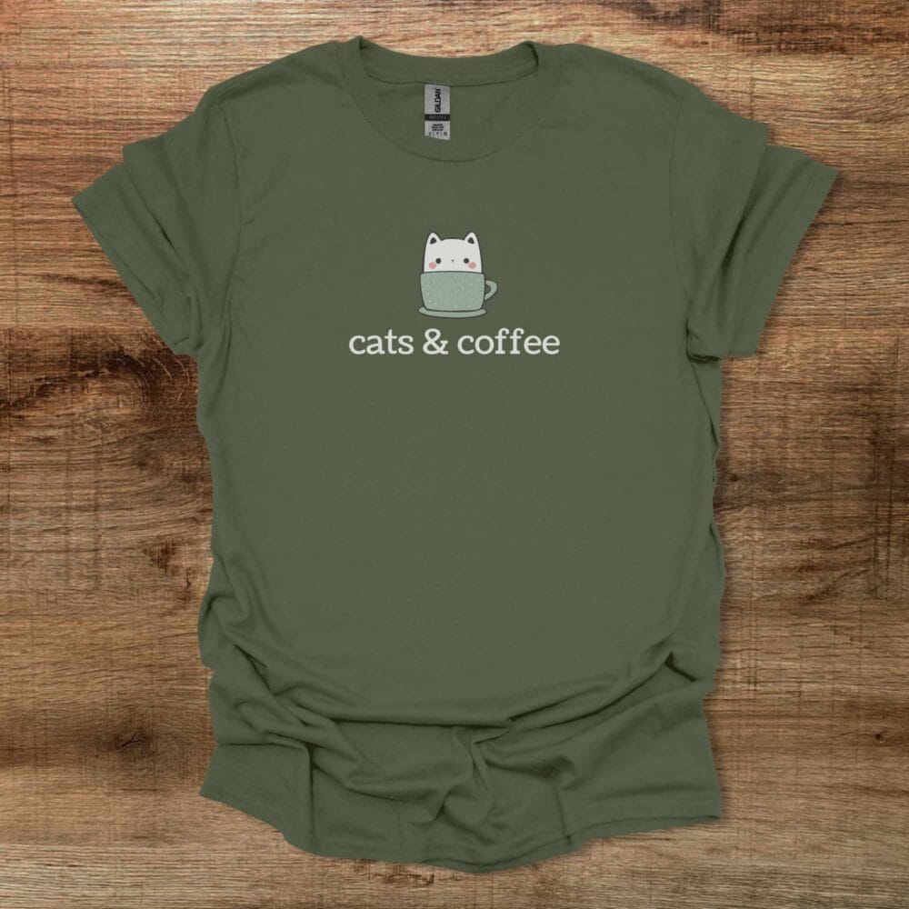 Cats & Coffee Clip Art Military Green T Shirt Unisex
