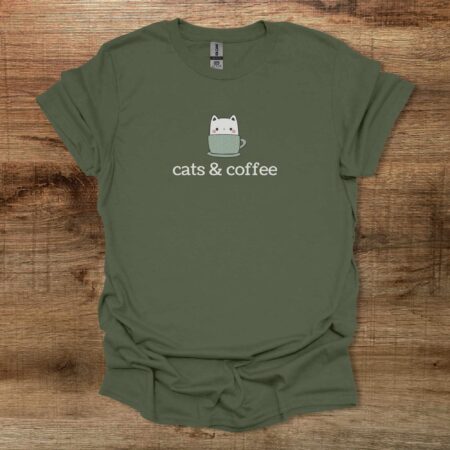 Cats & Coffee Clip Art Military Green T Shirt Unisex