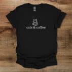 Cats & Coffee Illustrated Black T Shirt Unisex