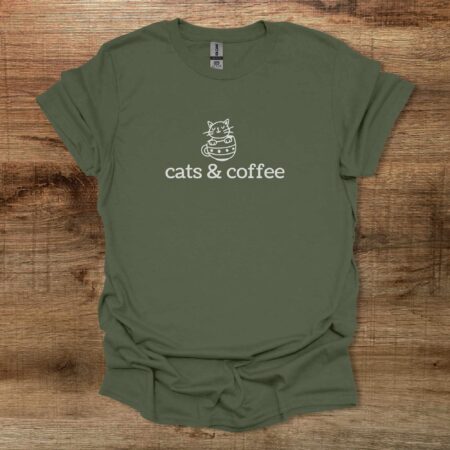 Cats & Coffee Illustrated Military Green T Shirt Unisex