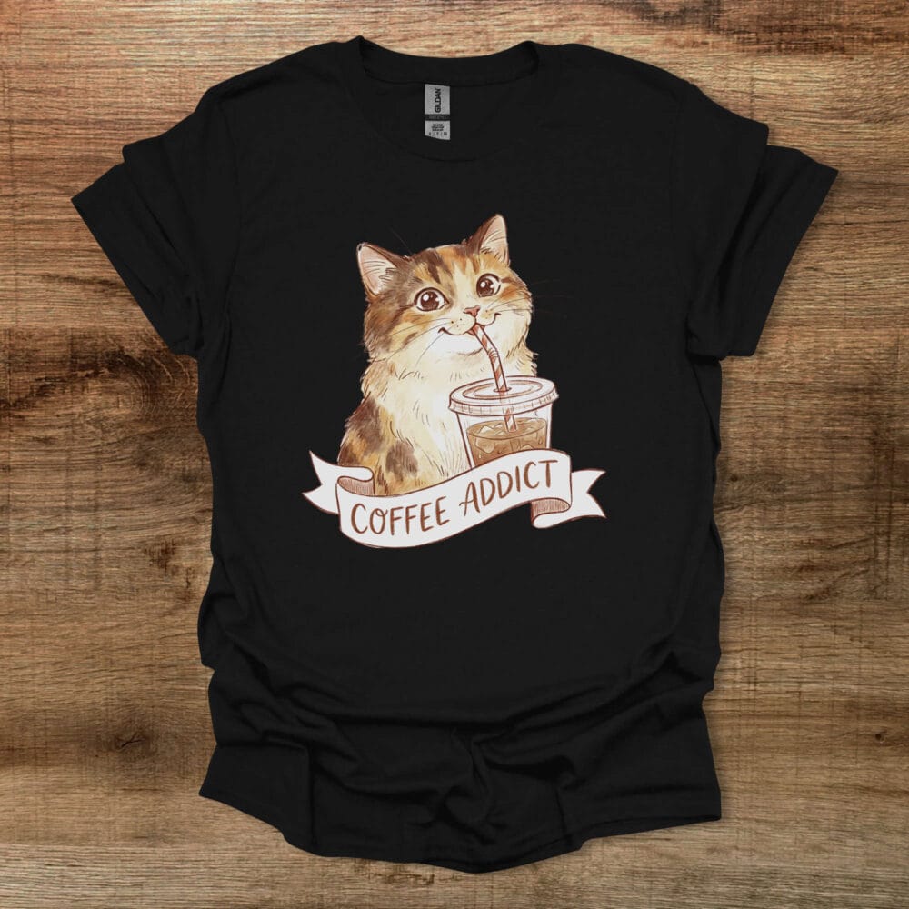 Coffee Addict Cute Cat Black T Shirt Unisex