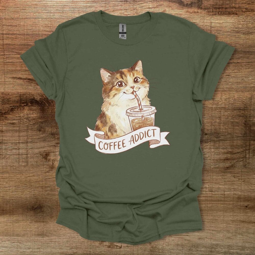 Coffee Addict Cute Cat Military Green T-Shirt Unisex Coffee Addict Cute Cat Military Green T Shirt Unisex