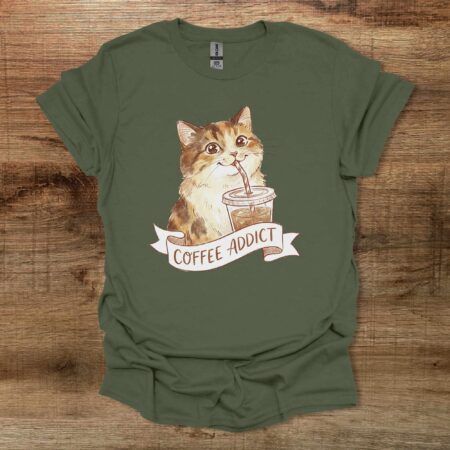 Coffee Addict Cute Cat Military Green T Shirt Unisex