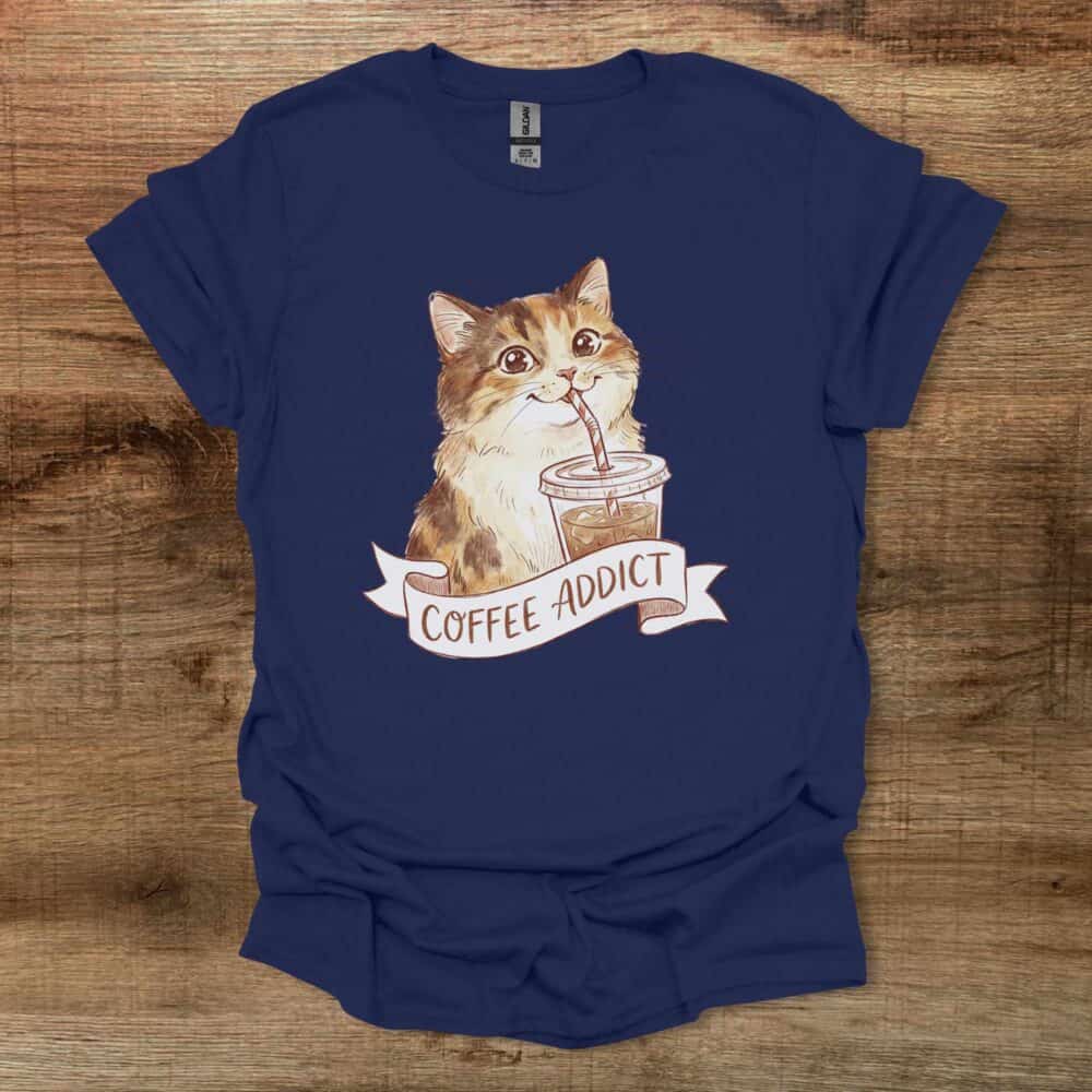 Coffee Addict Cute Cat Navy T-Shirt Unisex Coffee Addict Cute Cat Navy T Shirt Unisex