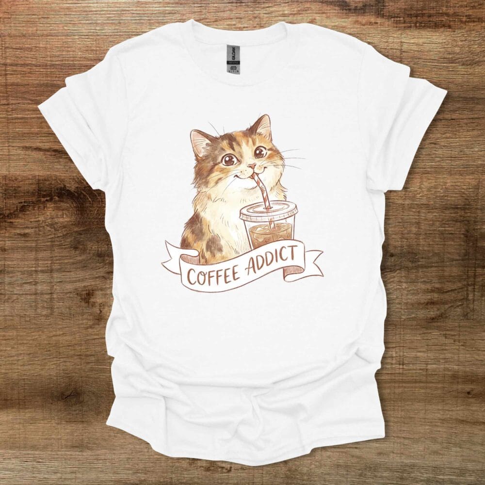Coffee Addict Cute Cat White T-Shirt Unisex Coffee Addict Cute Cat White T Shirt Unisex