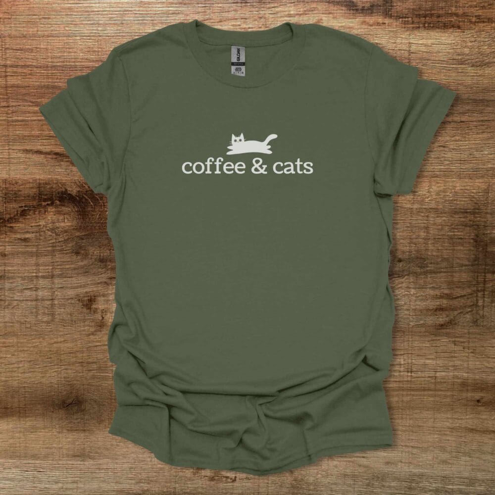 Coffee & Cats Military Green T Shirt Unisex