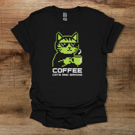 Coffee Cats and Gaming Black T Shirt Unisex