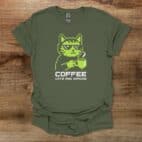 Coffee Cats and Gaming Military Green T Shirt Unisex