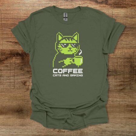 Coffee Cats and Gaming Military Green T Shirt Unisex