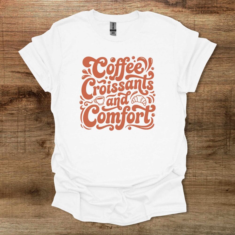 Coffee and Croissants Lettering White T Shirt Unisex