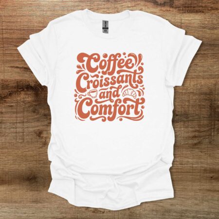 Coffee and Croissants Lettering White T Shirt Unisex