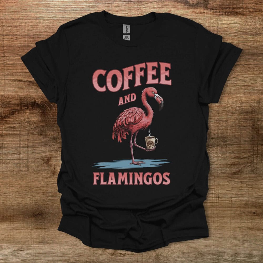 Coffee and Flamingos Black T-Shirt Unisex Coffee and Flamingos Black T Shirt Unisex