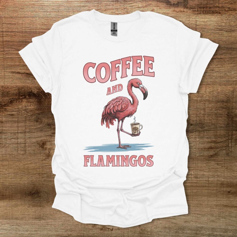 Coffee and Flamingos White T Shirt Unisex