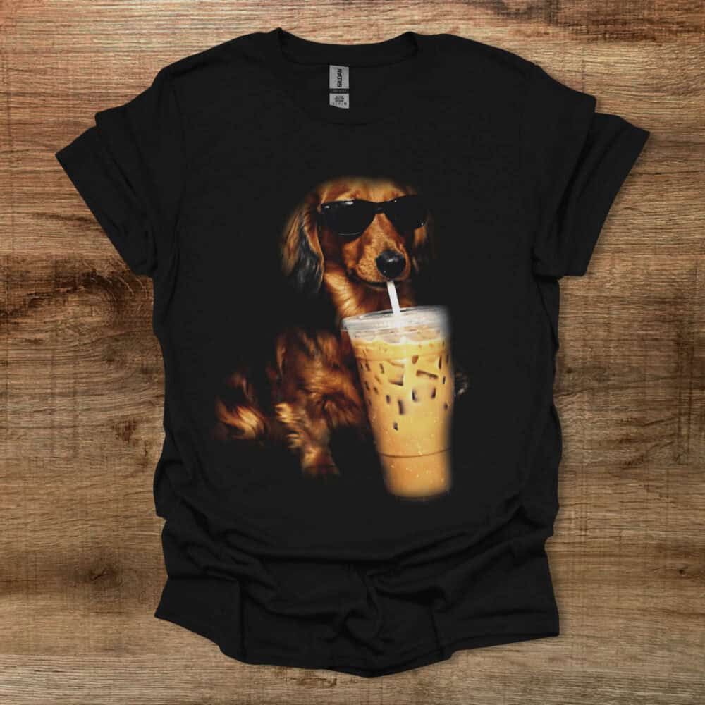 Dachshund Drinking Iced Coffee Black T Shirt Unisex