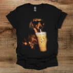 Dachshund Drinking Iced Coffee Black T Shirt Unisex