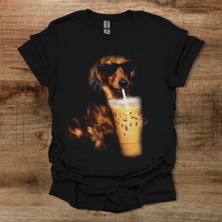 Dachshund Drinking Iced Coffee Black T Shirt Unisex