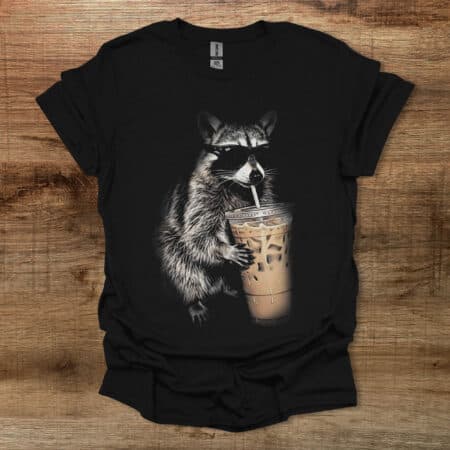 Raccon Drinking Coffee Image Black T Shirt Unisex