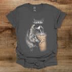 Raccon Drinking Coffee Image Charocal T Shirt Unisex