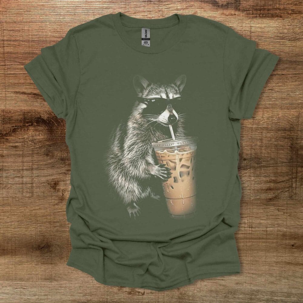 Raccon Drinking Coffee Image Military Green T-Shirt Unisex Raccon Drinking Coffee Image Military Green T Shirt Unisex