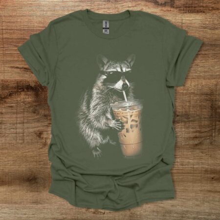 Raccon Drinking Coffee Image Military Green T Shirt Unisex