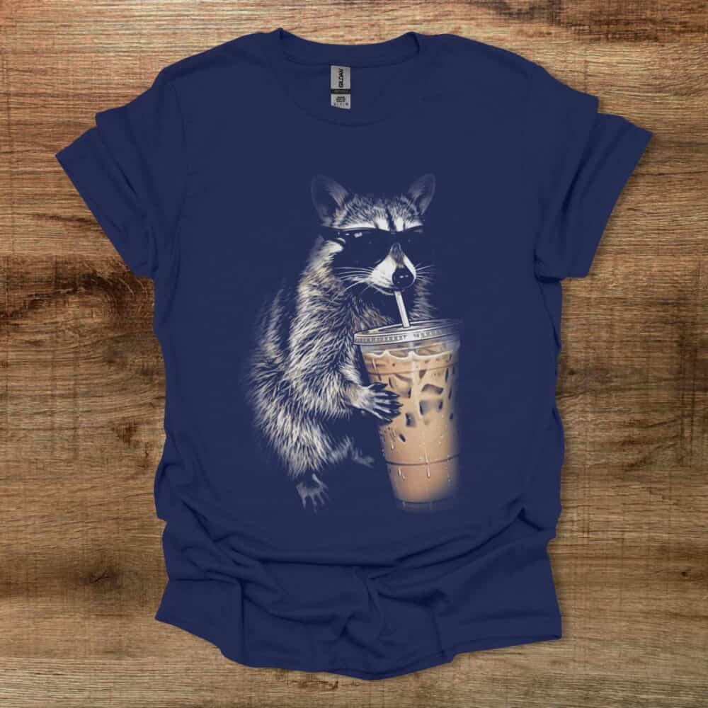 Raccon Drinking Coffee Image Navy T-Shirt Unisex Raccon Drinking Coffee Image Navy T Shirt Unisex