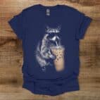 Raccon Drinking Coffee Image Navy T Shirt Unisex