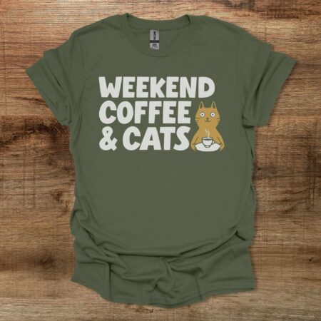 Weekend Coffee Cat Military Green T Shirt Unisex