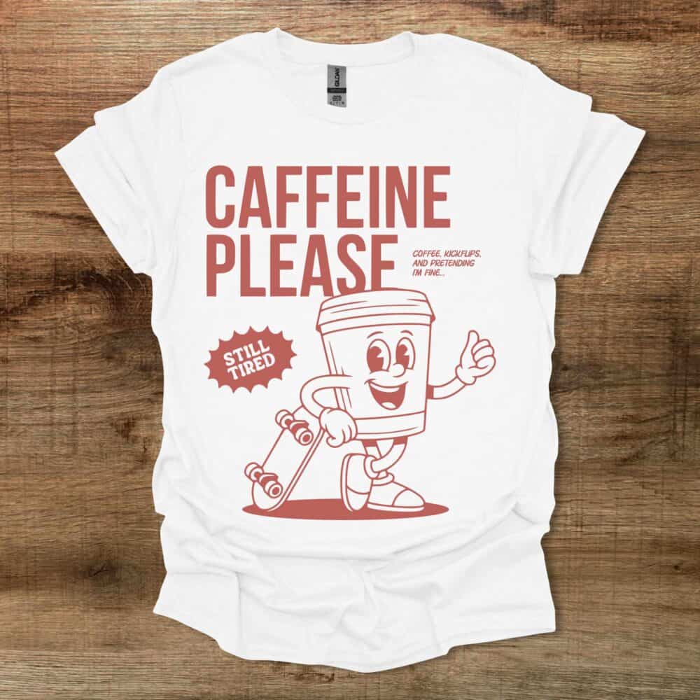 Caffeine Please Skateboard Mascot White T Shirt Unisex